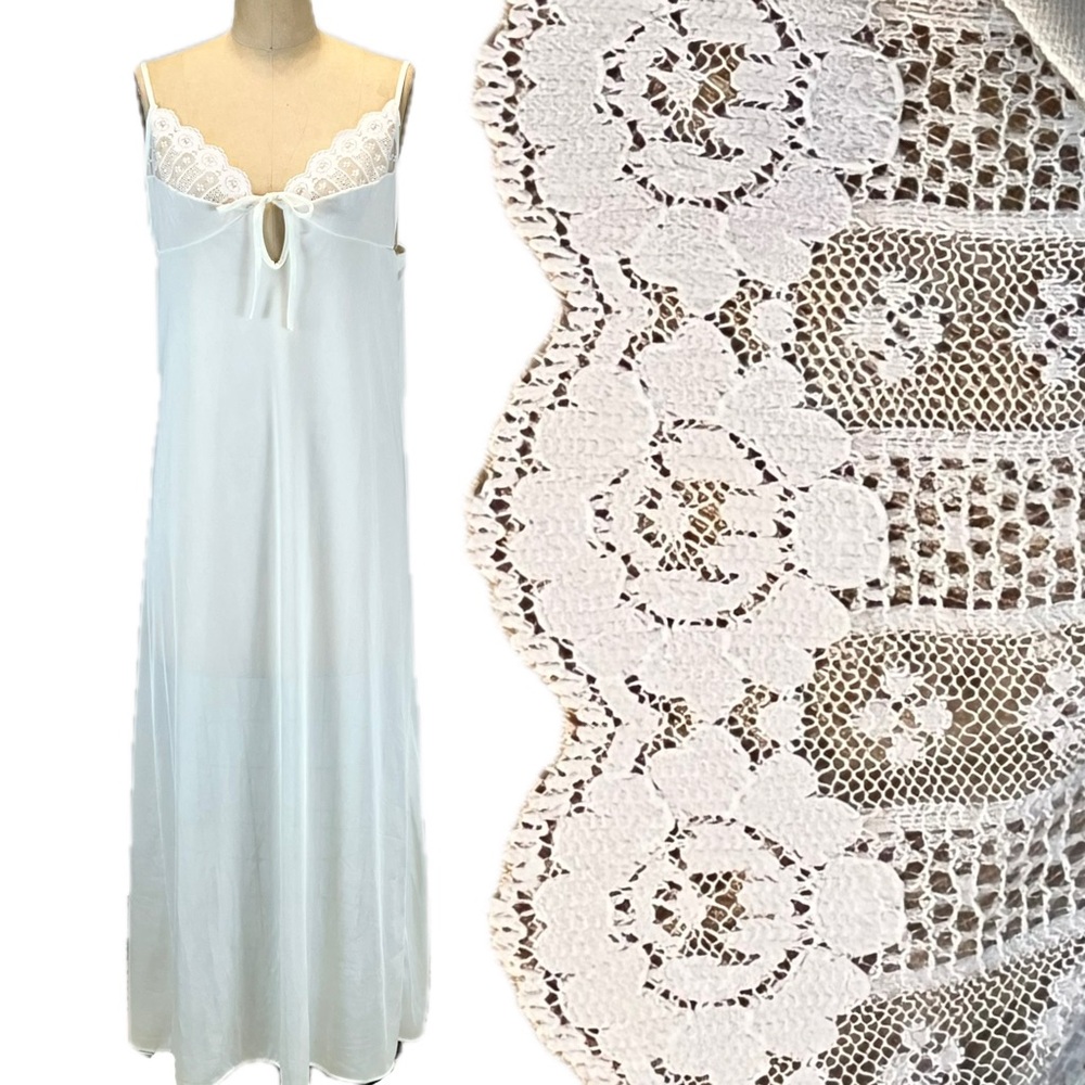 VINTAGE 70s silky nylon lace long maxi nightgown dress slip lingerie glamorous